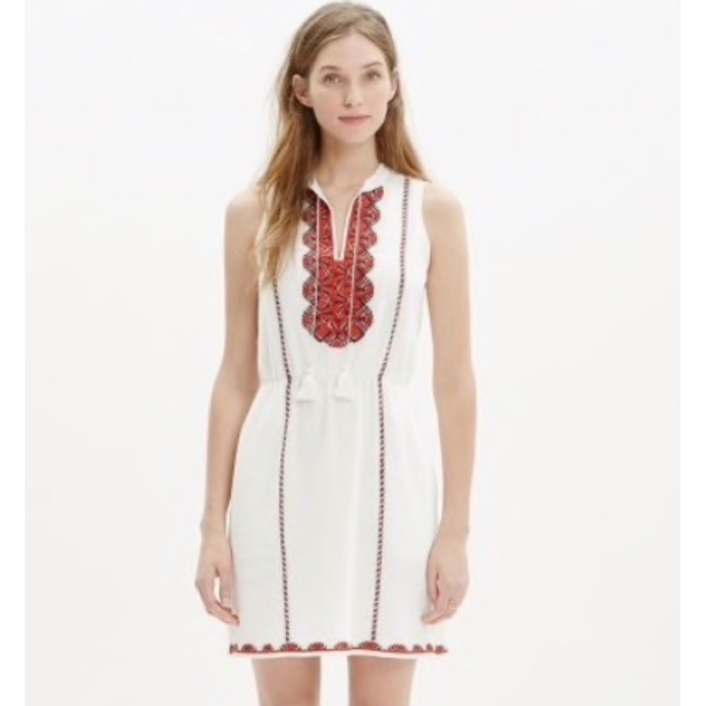 Madewell Boho Embroidered Tassel Mini Dress White Red Southwestern Womens 0 NEW